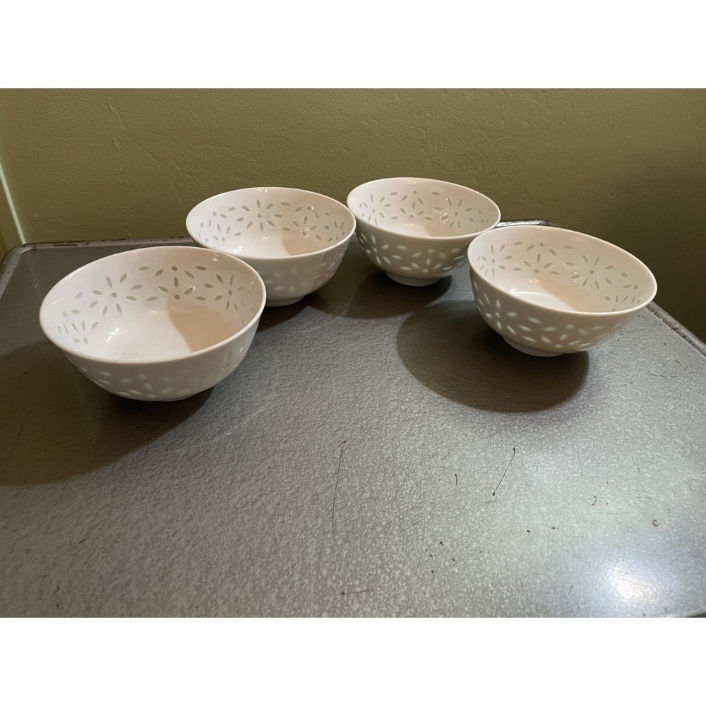 Antique Chinese White Porcelain Translucent Flower Spot Bowls, Set Of 4
